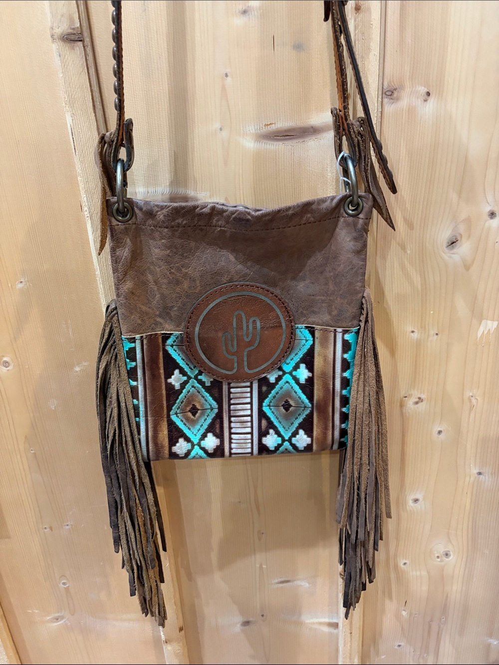 Brown Crossbody Bag with Turquoise Aztec Panel and Fringe
